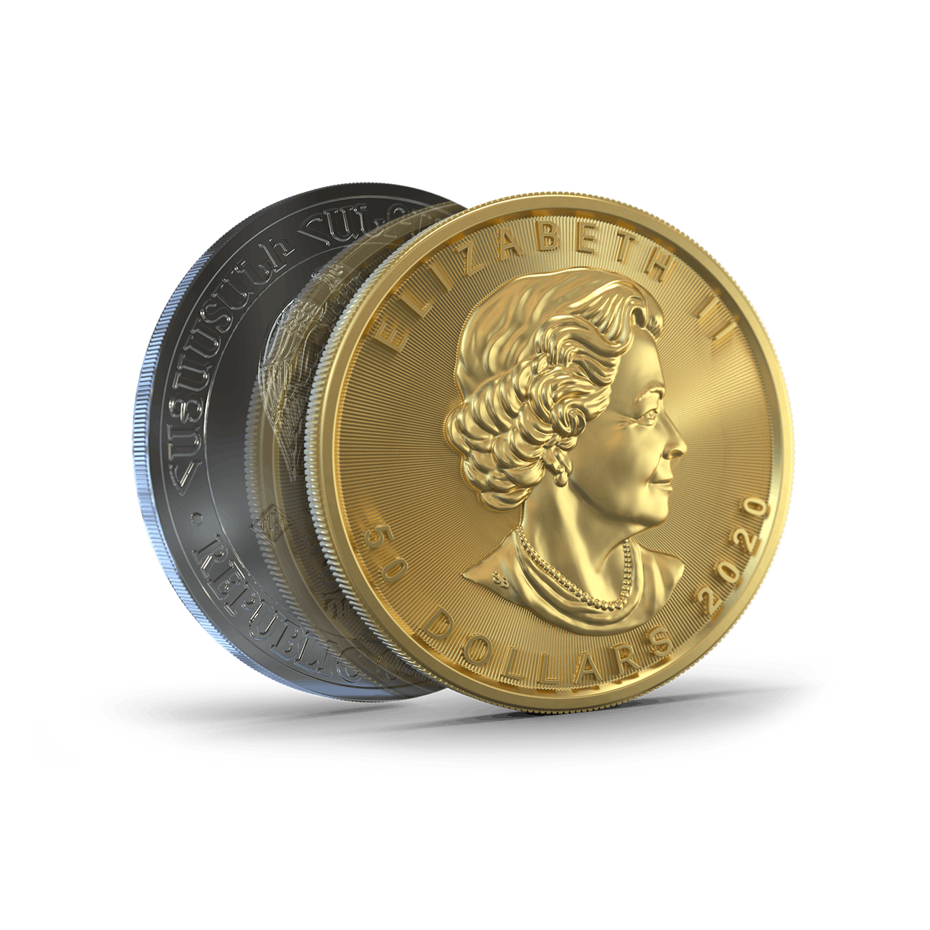 Hier sind eine Gold- und eine Silbermünze zu sehen. Auf der Goldmünze ist die Queen Elisabeth 2. abgebildet und auf der Silbermünze ist die Arche Noah zu sehen. Bieten auch Sie Ihren Kunden eine Investition in Gold und Silber im Sparplan oder als Einmalanlage bei Golden Gates an.
