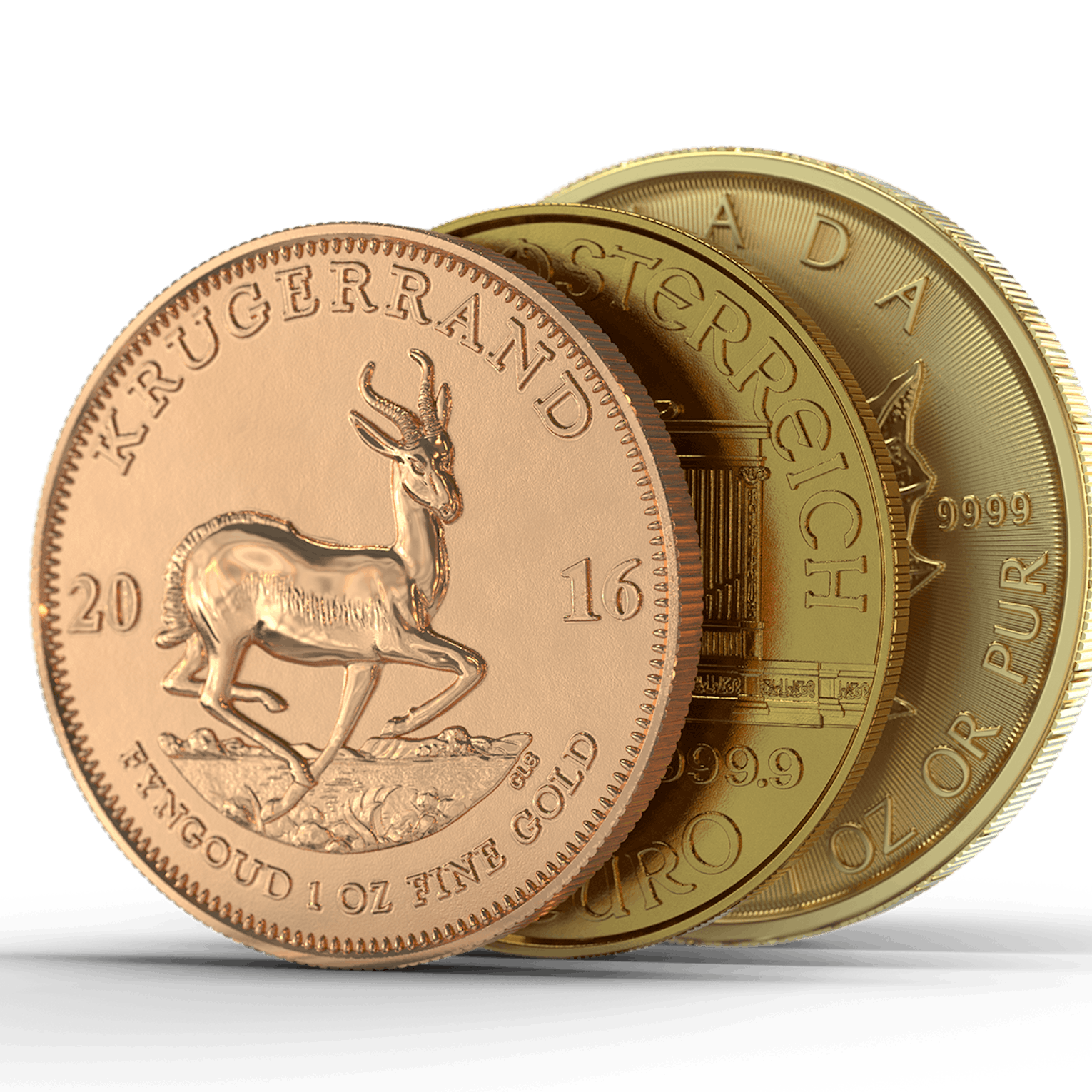 Hintereinander sind hier drei Goldmünzen, „Krügerrand“ aus Südafrika, „Wiener Philharmoniker“ aus Österreich und „Maple Leaf“ aus Kanada aufgereiht. Diese sind bei Golden Gates erhältlich.