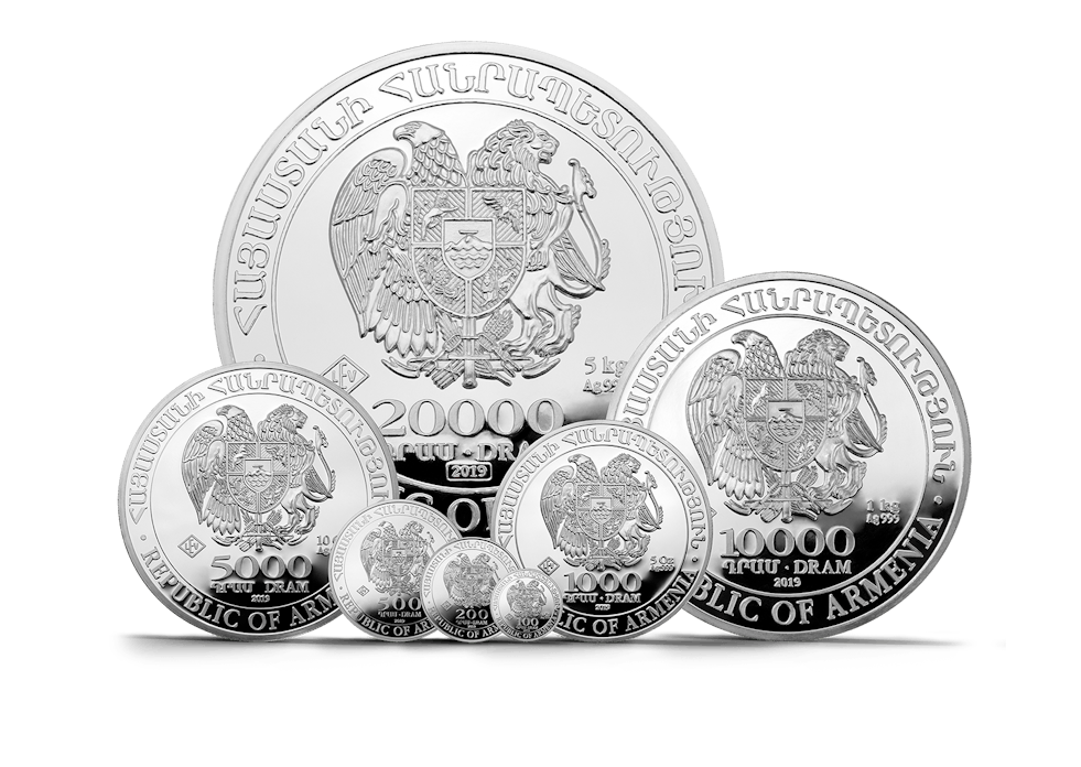 Arche Noah Silbermünzen in verschieden Größen, von 1/10 Unze bis 1 kg, nebeneinander abgebildet. In Silber im Sparplan oder als Einmalanlage investieren, bei Golden Gates.