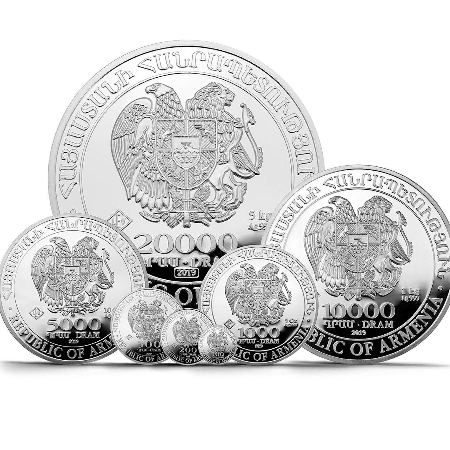 Arche Noah Silbermünzen in verschieden Größen, von 1/10 Unze bis 1 kg, nebeneinander abgebildet. In Silber im Sparplan oder als Einmalanlage investieren, bei Golden Gates.