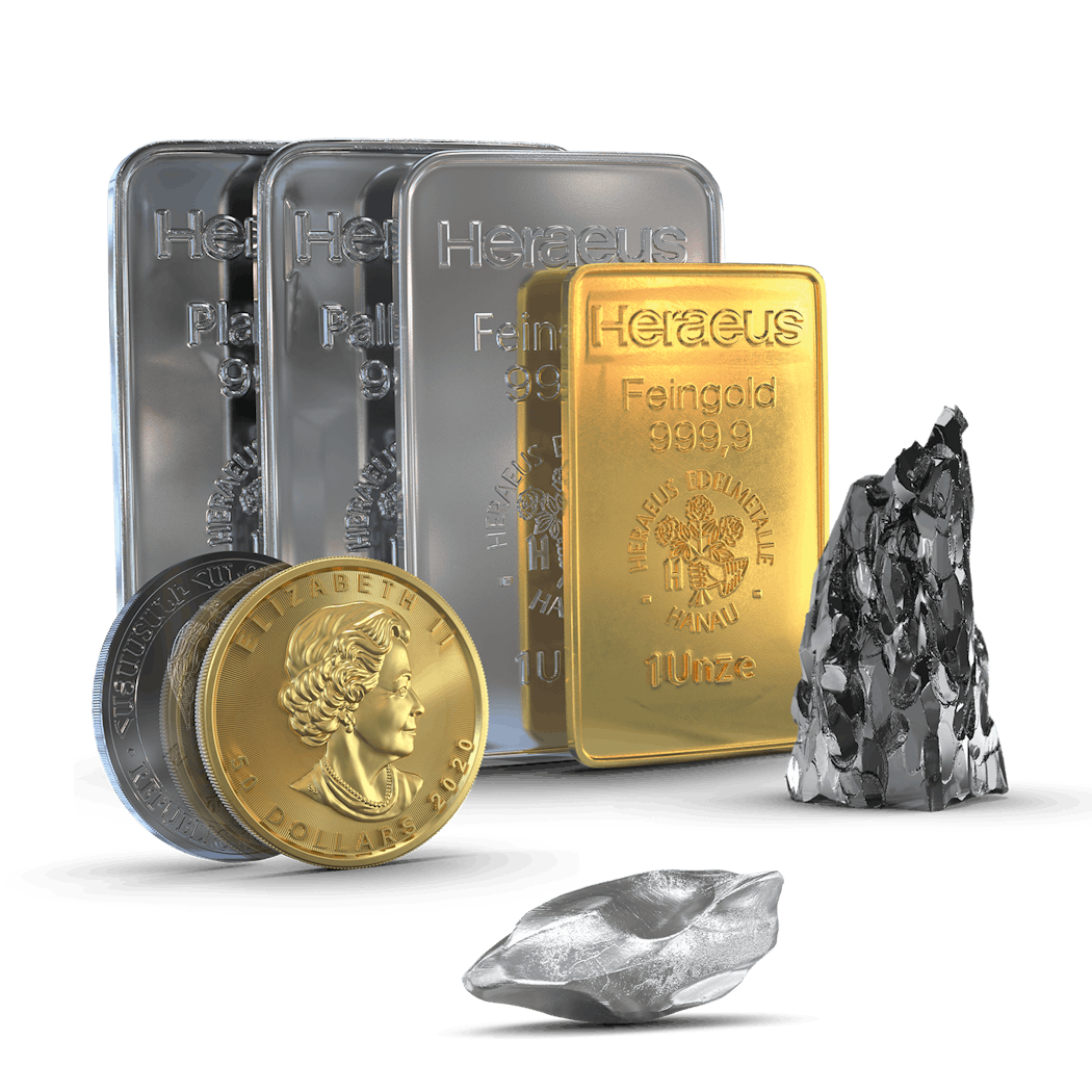 Im Hintergrund sind ein Gold-, Silber, Platin- und Palladiumbarren abgebildet. Im Vordergrund und rechts der Barren sieht man zwei Technologiemetalle. Auf der linken Seite sind eine Gold- und eine Silbermünze abgebildet. Golden Gates, ein führender Händler für Anlagemetalle.