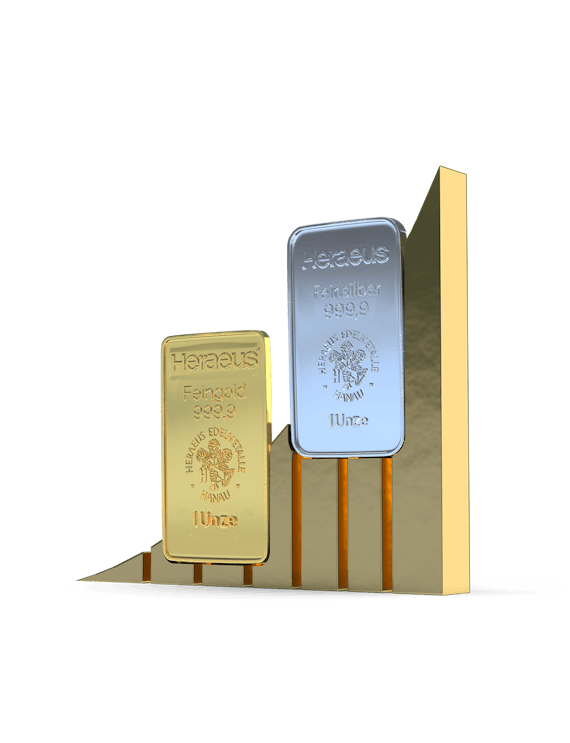 Vor dem goldenen Golden Gates Logo, ein steigendes Balkendiagramm, ist ein schwebender Gold- und Silberbarren zu sehen. Nehmen auch Sie Edelmetalle mit in Ihr Portfolio auf.