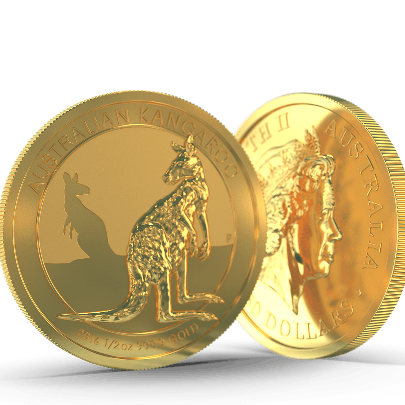 Goldmünze Kangaroo ist in diesem Bild von Vorder- und der Rückseite abgebildet. Auf der Vorderseite ist ein Kangaroo abgebildet. Auf der Rückseite ist die Queen Elisabeth II. abgebildet.