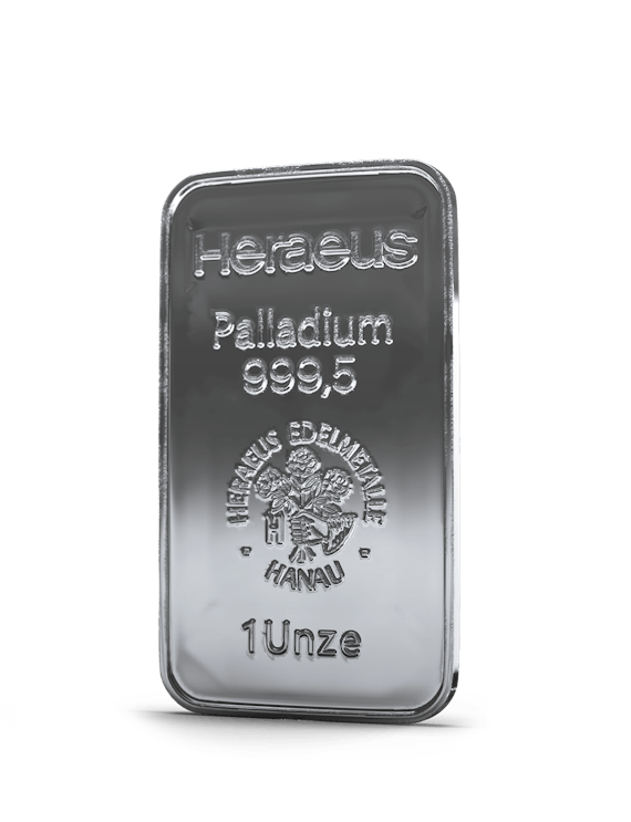 Ein Palladiumbarren der in der Mitte steht. Mit Golden Gates in Palladium im Sparplan investieren.