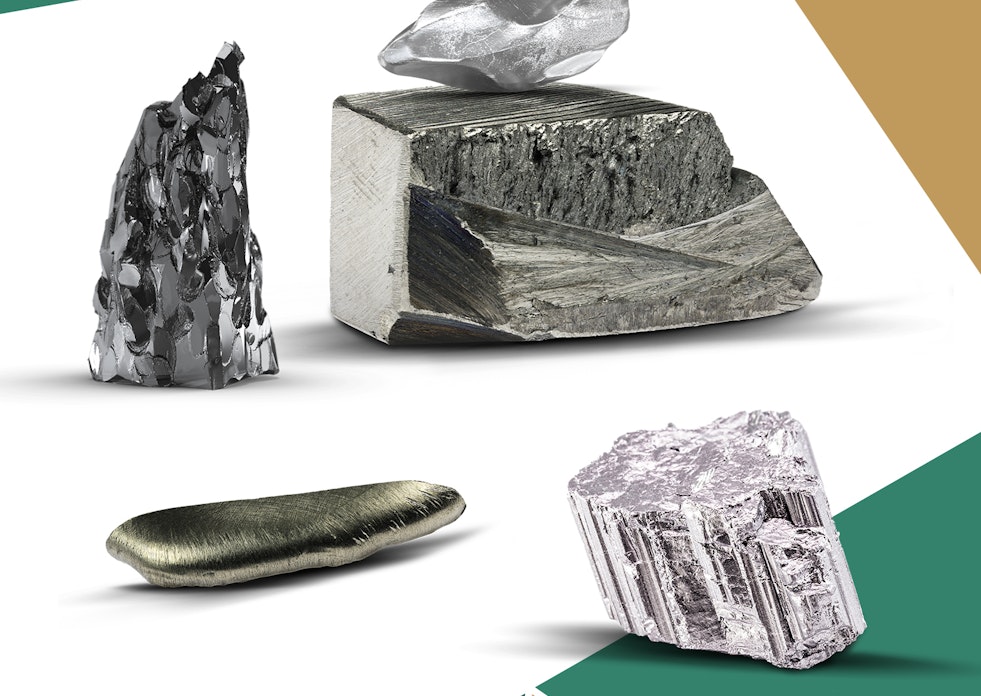 In der Mitte diese Bildes sind neben den zwei Technologiemetallen drei Seltene Erden aus den Sparplänen Simple und Green Economy der Golden Gates AG abgebildet.