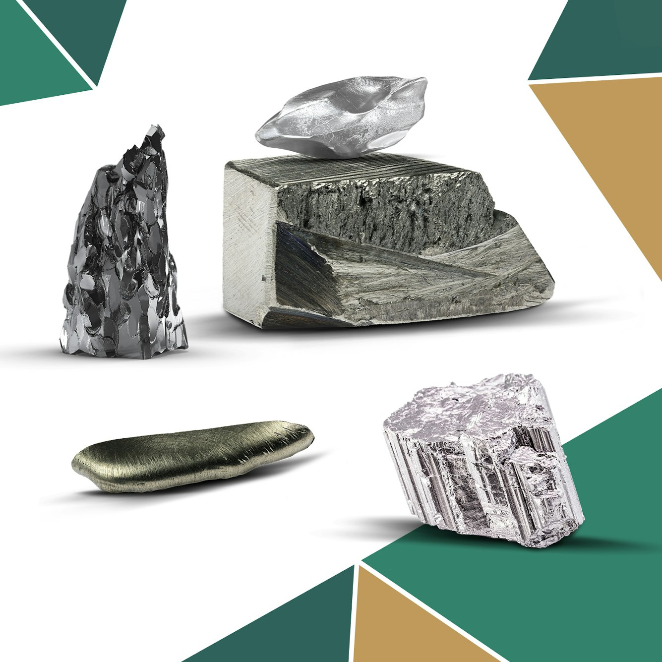 In der Mitte diese Bildes sind neben den zwei Technologiemetallen drei Seltene Erden aus den Sparplänen Simple und Green Economy der Golden Gates AG abgebildet.