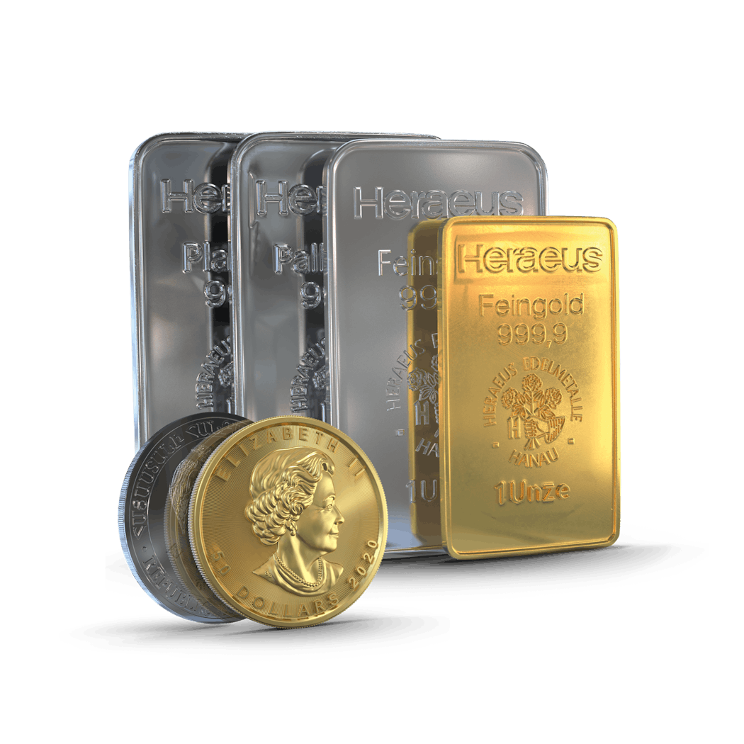 Hintereinanderstehende Barren (Gold, Silber, Platin und Palladium) neben diesen eine Silber- und eine Goldmünze. All diese Metalle können Sie mit Golden Gates Ihren Kunden anbieten.