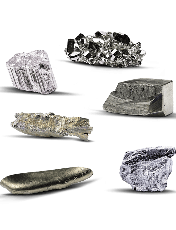 Dieses Bild zeigt die vier Seltenen Erdmetalle und die zwei Platingruppenmetalle aus dem Green Economy Sparplan der Golden Gates AG.