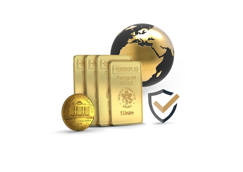 Im Hintergrund ist eine schwarze Erdkugel mit goldenen Kontinenten abgebildet. Davor sind vier Goldbarren aufgereiht, rechts daneben ist ein Schutzschild mit Häkchen und links ist eine Goldmünze abgebildet. Gold bietet Sicherheit und ist weltweit anerkannt.