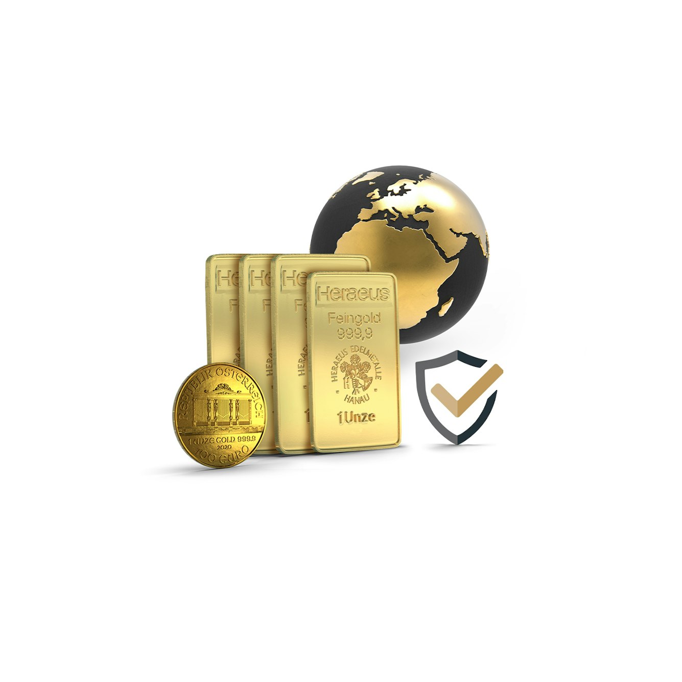 Im Hintergrund ist eine schwarze Erdkugel mit goldenen Kontinenten abgebildet. Davor sind vier Goldbarren aufgereiht, rechts daneben ist ein Schutzschild mit Häkchen und links ist eine Goldmünze abgebildet. Gold bietet Sicherheit und ist weltweit anerkannt.