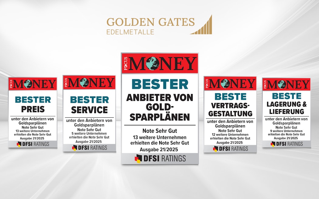 Focus Money Auszeichnung für Bester Anbieter von Goldsparplänen, bester Service, beste Lagerung & Lieferung, beste Vertragsgestaltung und bester Preis mit der Note Sehr Gut. Ausgabe 21/2025, für Golden Gates.