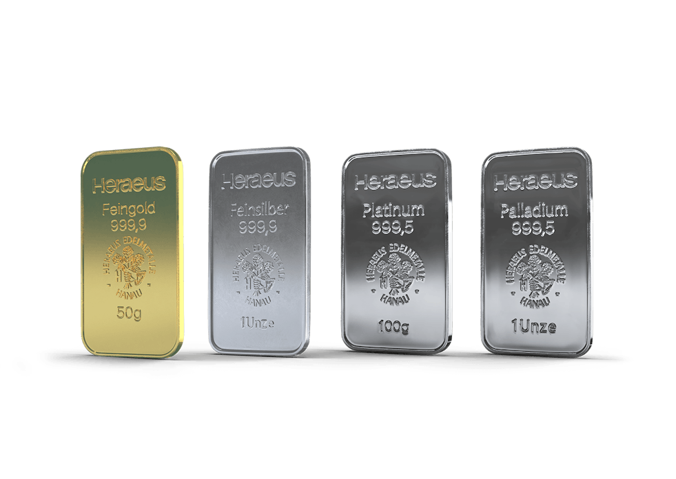 Edelmetallbarren aus Silber, Gold, Platin und Palladium, nebeneinander abgebildet. Investieren Sie in diese Edelmetalle mit dem Golden Gates Simple Sparplan.