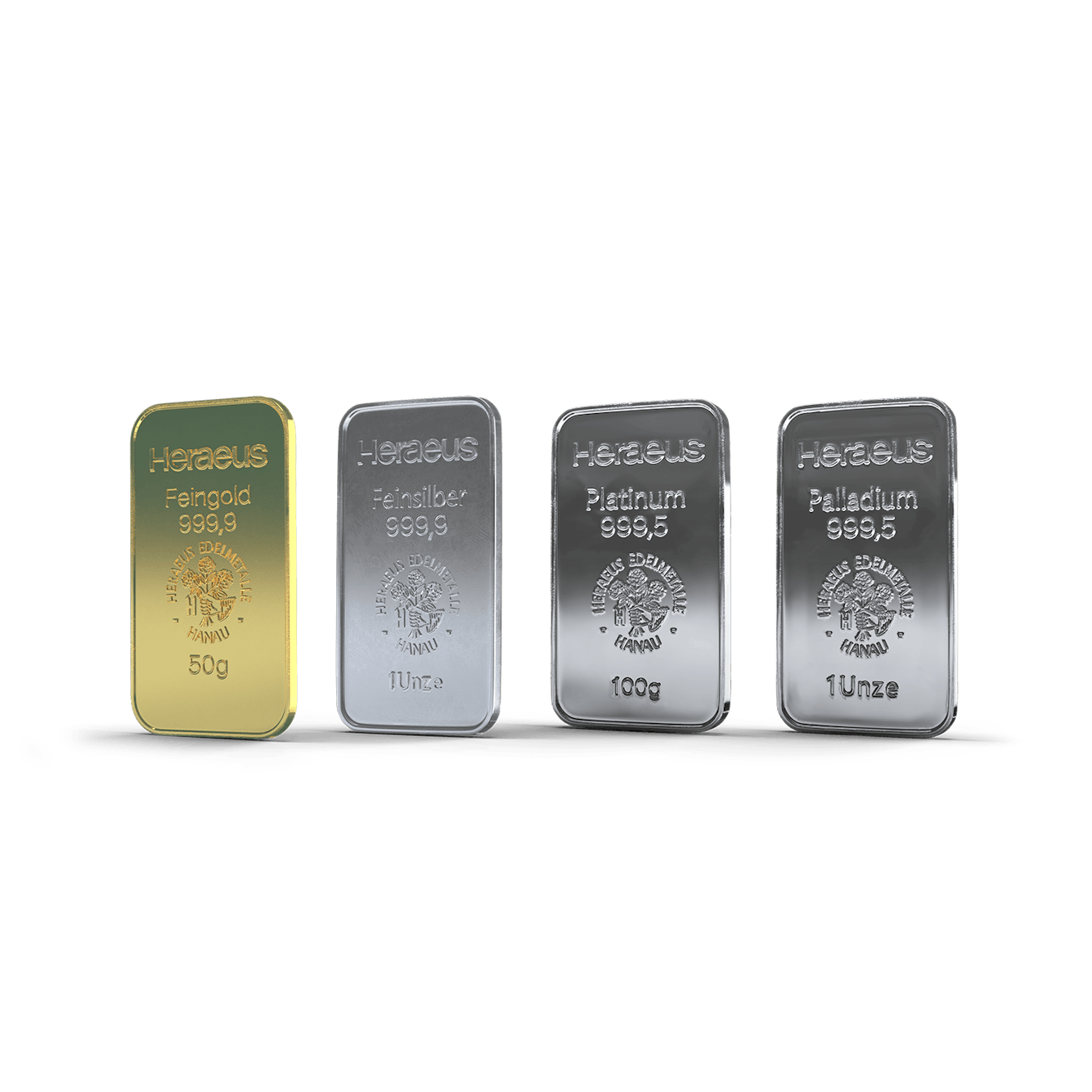 Edelmetallbarren aus Silber, Gold, Platin und Palladium, nebeneinander abgebildet. Investieren Sie in diese Edelmetalle mit dem Golden Gates Simple Sparplan.