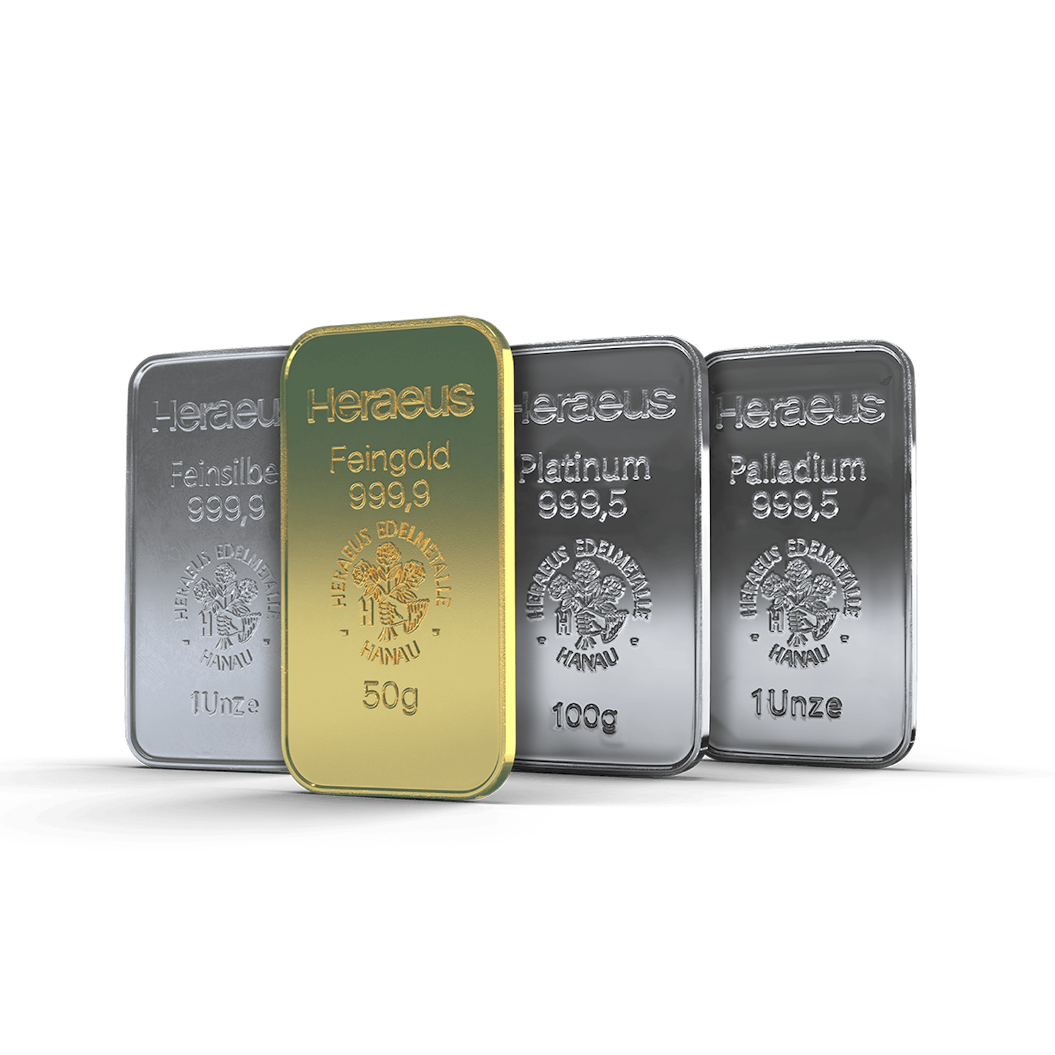 Edelmetallbarren aus Silber, Gold, Platin und Palladium, nebeneinander abgebildet. Investieren Sie in diese Edelmetalle mit dem Golden Gates Simple Sparplan.