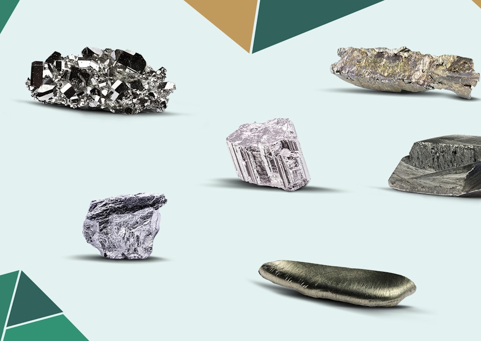 Vor einem grünen Hintergrund sind die Selten Erden aus dem Sparplan Green Economy der Golden Gates AG abgebildet. Einfach Geld anlegen in kritische Rohstoffe.