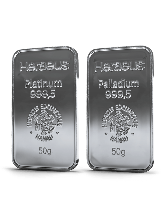 Ein Platin- und Palladiumbarren die nebeneinander stehen. Mit Golden Gates in Platin und Palladium im Sparplan investieren.